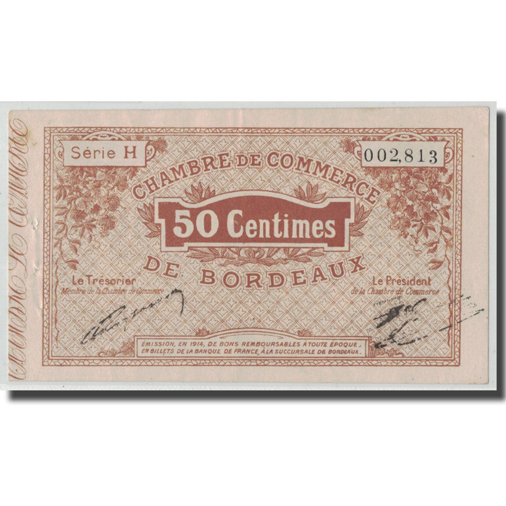 France, Bordeaux, 50 Centimes, 1914, AU(50-53), Pirot:30-1