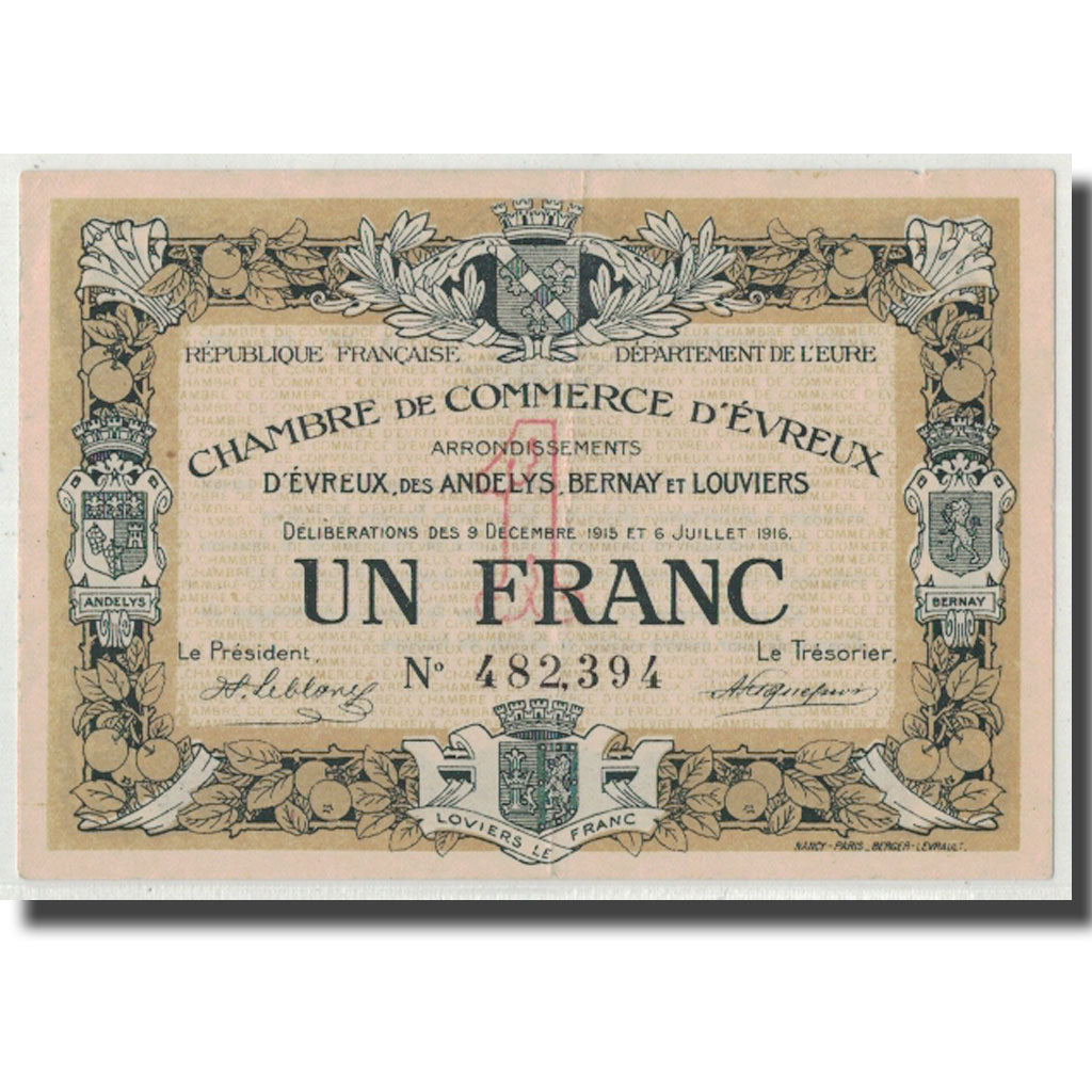 Frankrijk, Evreux, 1 Franc, 1915/1916, SUP, Pirot:57-9