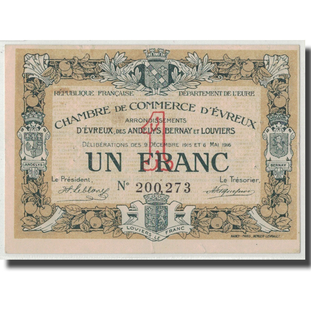 Frankrijk, Evreux, 1 Franc, 1915/1916, TTB+, Pirot:57-5