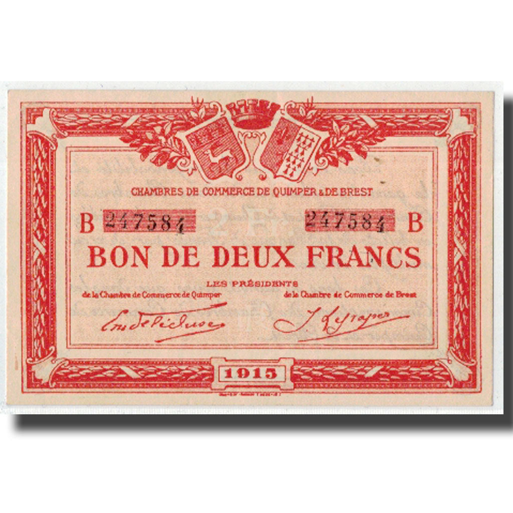 France, Quimper et Brest, 2 Francs, 1915, SPL, Pirot:104-6