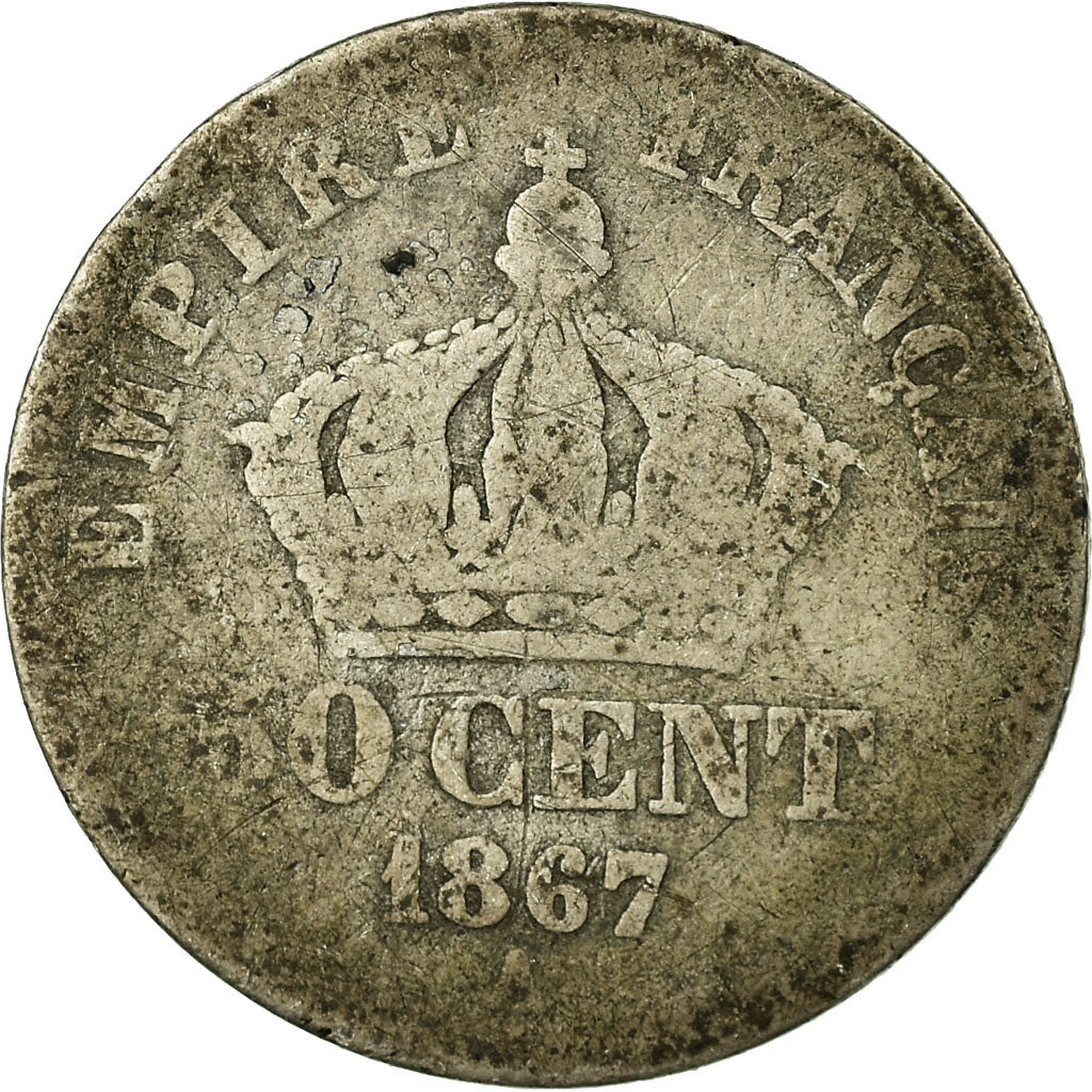Moneda, Francia, Napoleon III, Napoléon III, 50 Centimes, 1867, Paris, BC