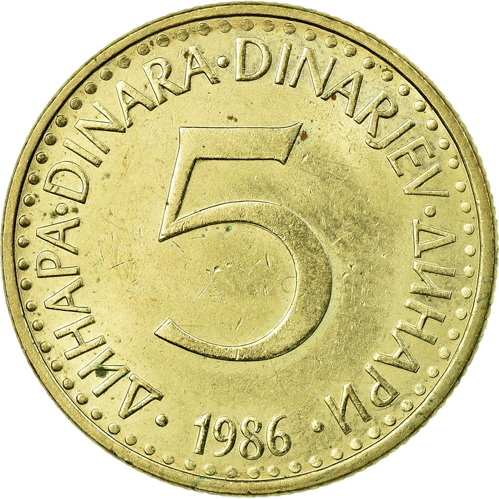 Coin, Yugoslavia, 5 Dinara, 1986, AU(50-53), Nickel-brass, KM:88