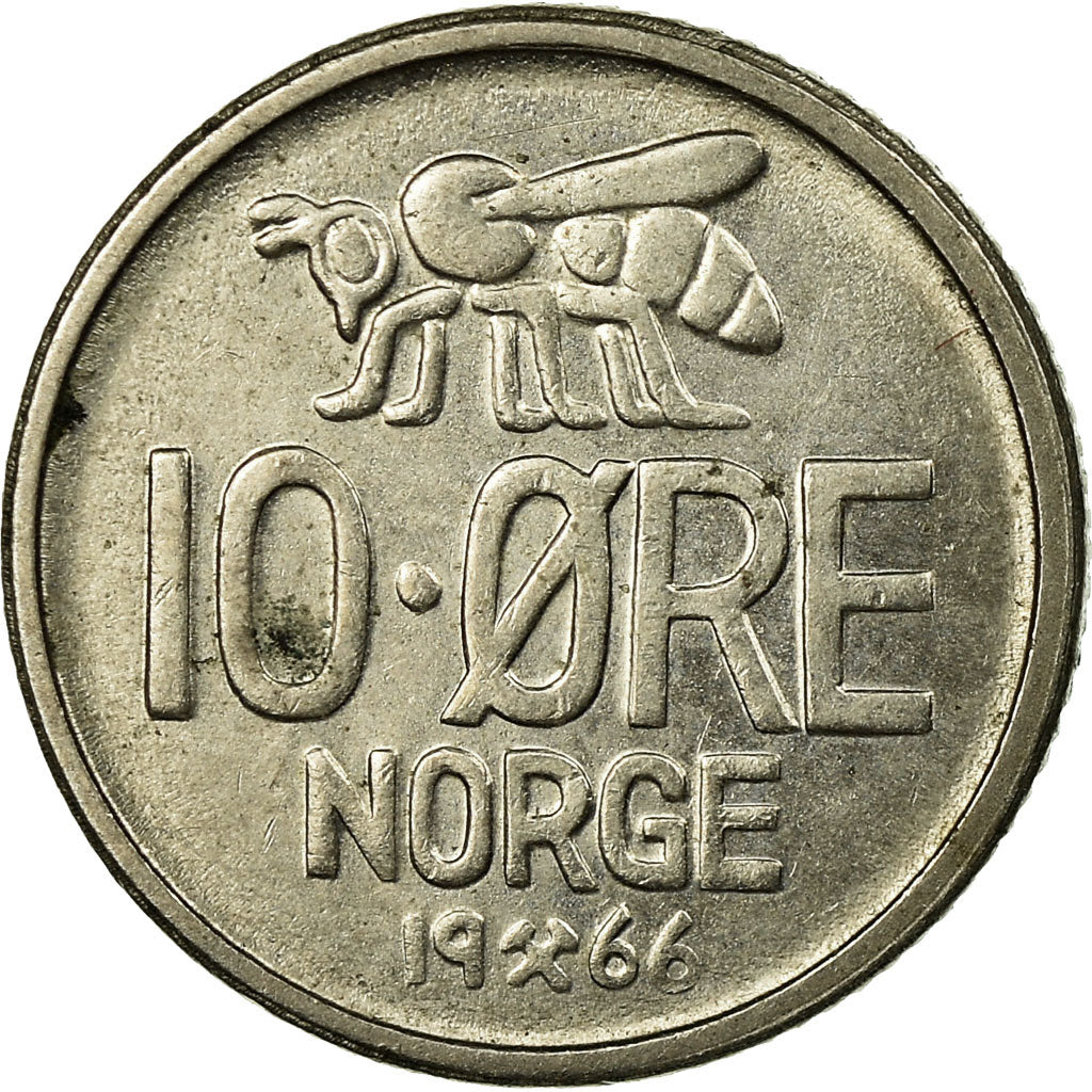 Coin, Norway, Olav V, 10 Öre, 1966, AU(55-58), Copper-nickel, KM:411