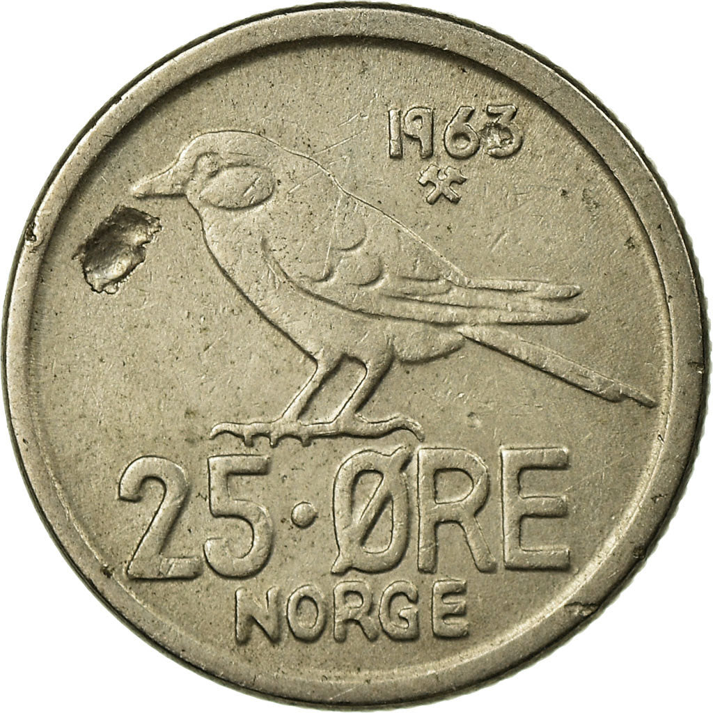 Coin, Norway, Olav V, 25 Öre, 1963, VF(20-25), Copper-nickel, KM:407