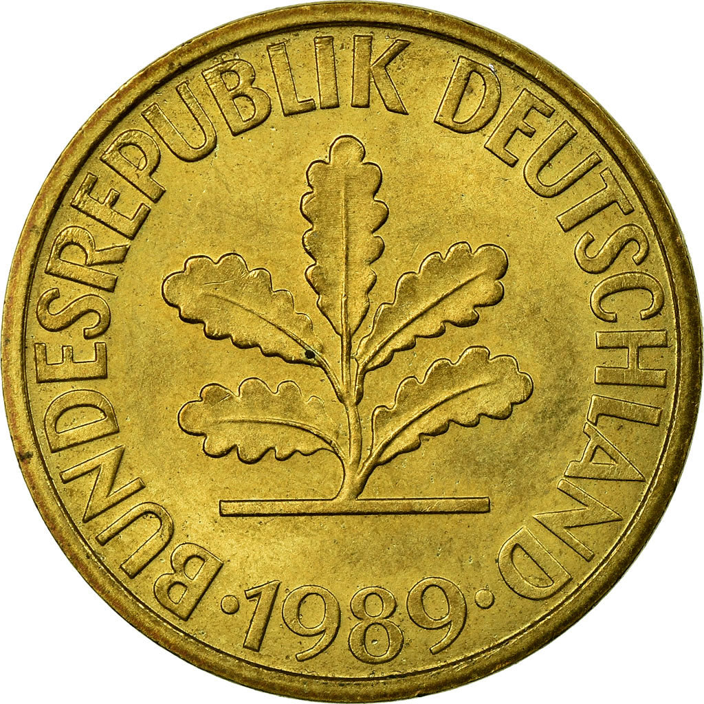 Coin, GERMANY - FEDERAL REPUBLIC, 10 Pfennig, 1989, Karlsruhe, AU(50-53), Brass