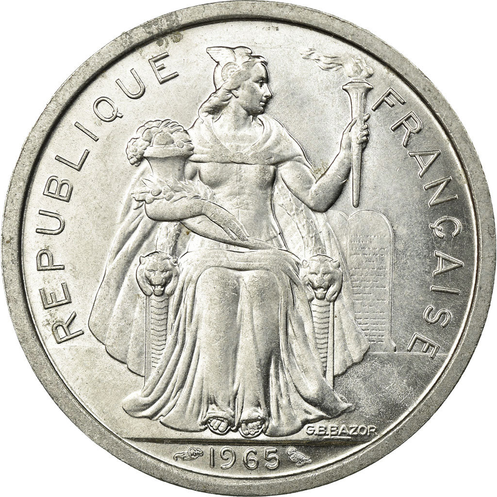 Coin, French Polynesia, 2 Francs, 1965, MS(60-62), Aluminum, KM:3