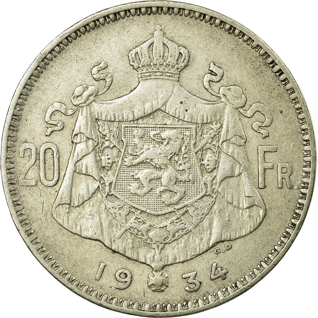 Coin, Belgium, 20 Francs, 20 Frank, 1934, VF(30-35), Silver, KM:104.1