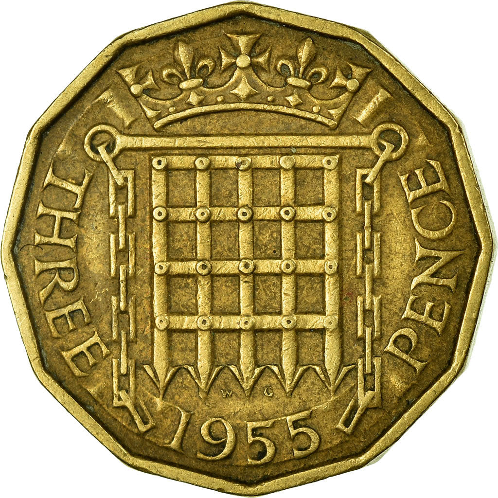Coin, Great Britain, Elizabeth II, 3 Pence, 1955, VF(30-35), Nickel-brass