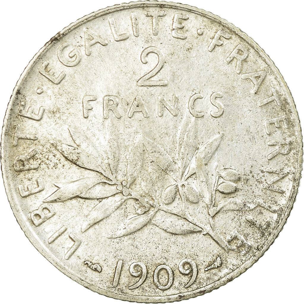 Moneda, Francia, Semeuse, 2 Francs, 1909, Paris, BC+, Plata, KM:845.1