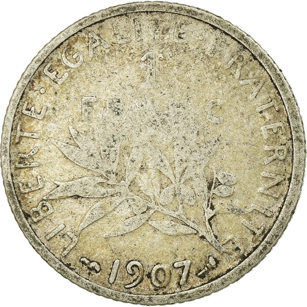 Moneda, Francia, Semeuse, Franc, 1907, Paris, BC, Plata, KM:844.1, Gadoury:467