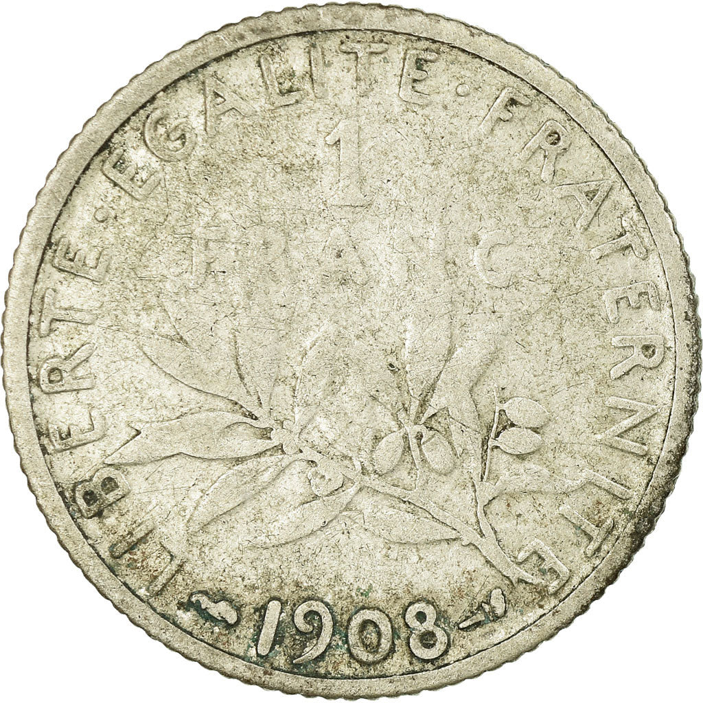 Monnaie, France, Semeuse, Franc, 1908, Paris, B+, Argent, Gadoury:467, KM:844.1