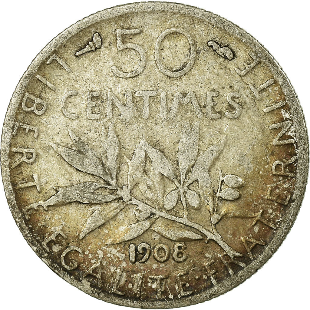 Coin, France, Semeuse, 50 Centimes, 1908, Paris, F(12-15), Silver, KM:854