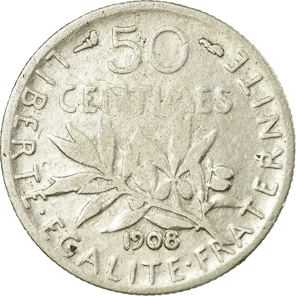 Coin, France, Semeuse, 50 Centimes, 1908, Paris, VF(20-25), Silver, KM:854