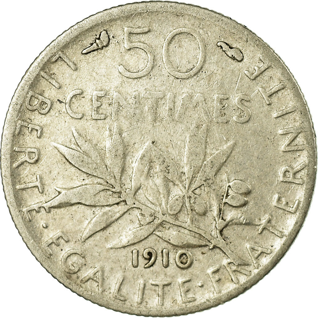 Moeda, França, Semeuse, 50 Centimes, 1910, Paris, VF(20-25), Prata, KM:854