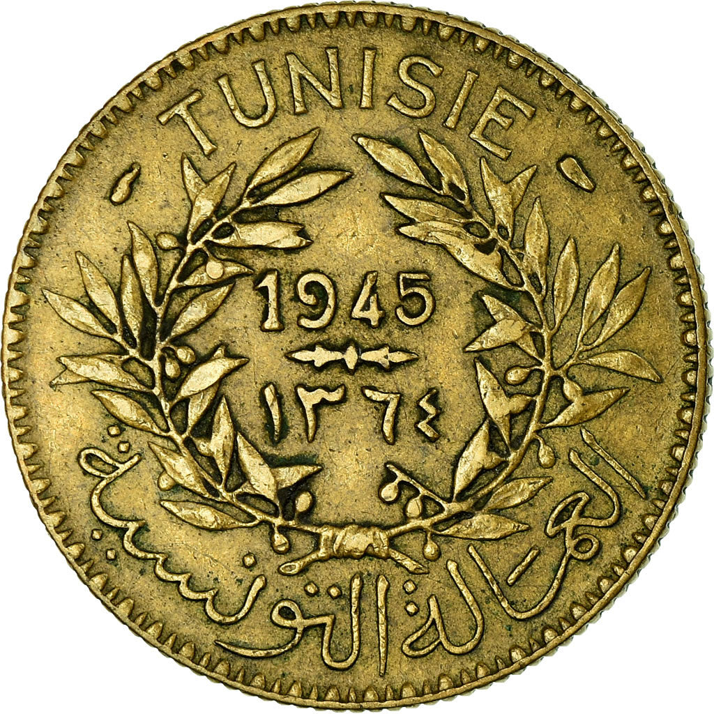 Coin, Tunisia, Anonymous, 2 Francs, AH 1364/1945, Paris, EF(40-45)