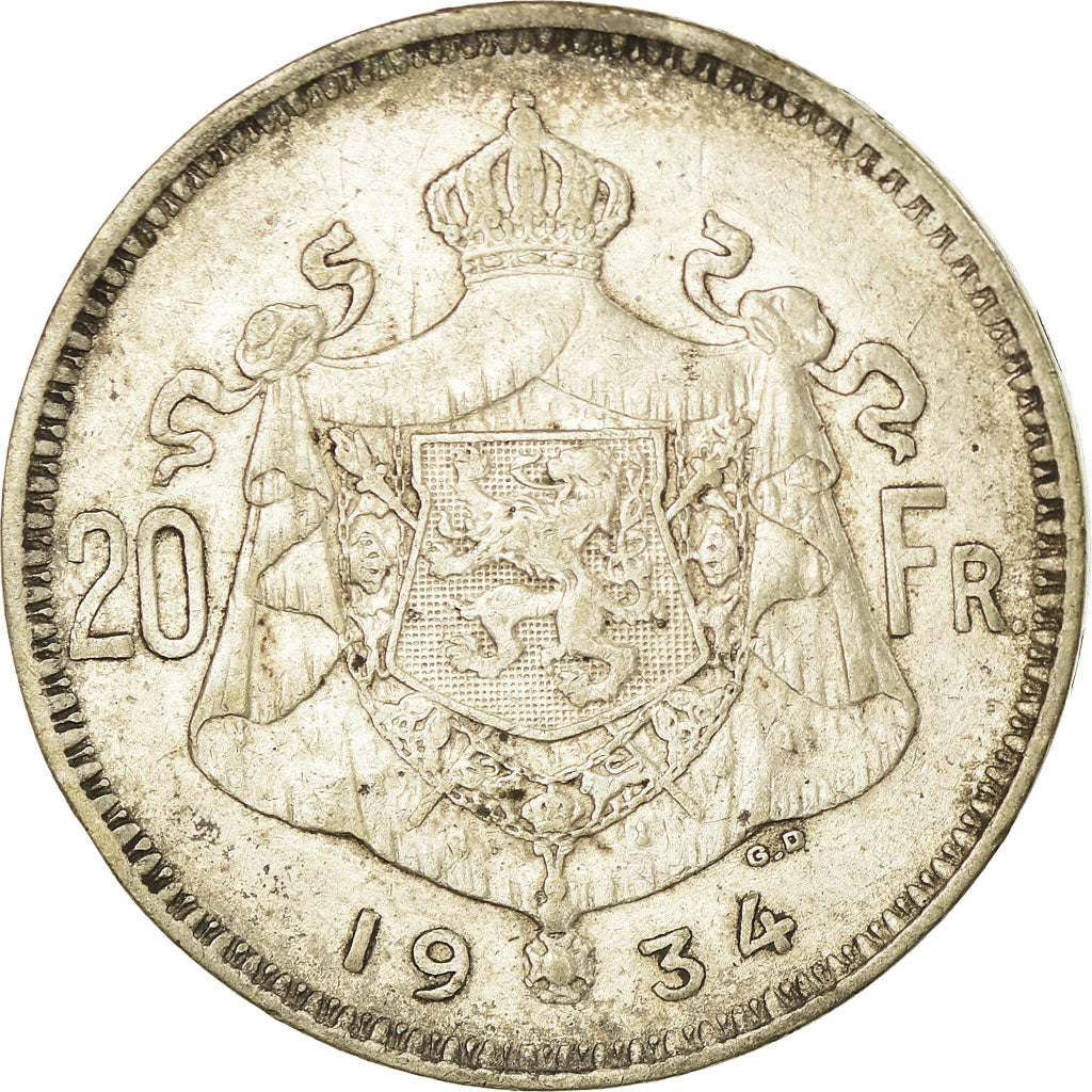 Munten, België, 20 Francs, 20 Frank, 1934, FR+, Zilver, KM:104.1