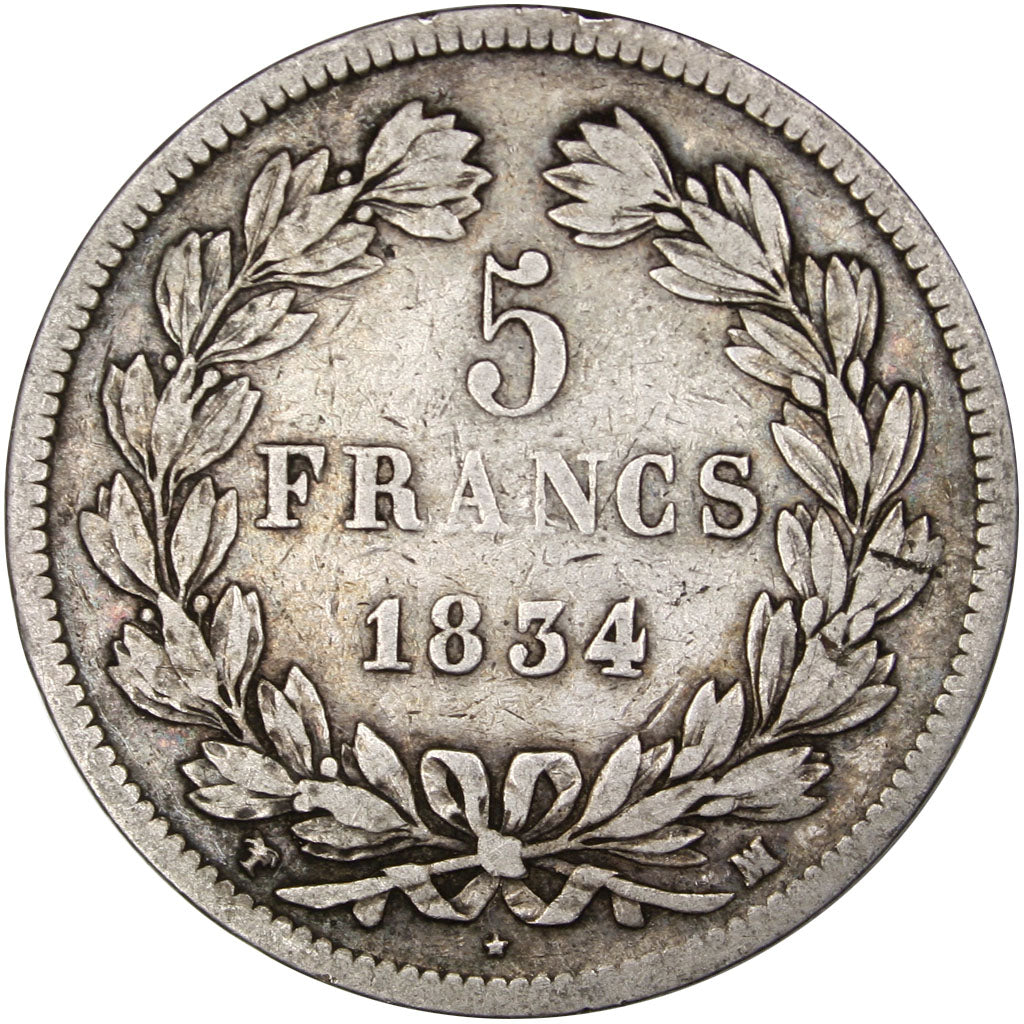 France, 5 Francs, Louis-Philippe, 1834, Marseilles, Silver, VF(20-25)