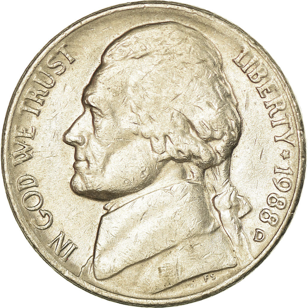 Moeda, Estados Unidos da América, Jefferson Nickel, 5 Cents, 1988, U.S. Mint