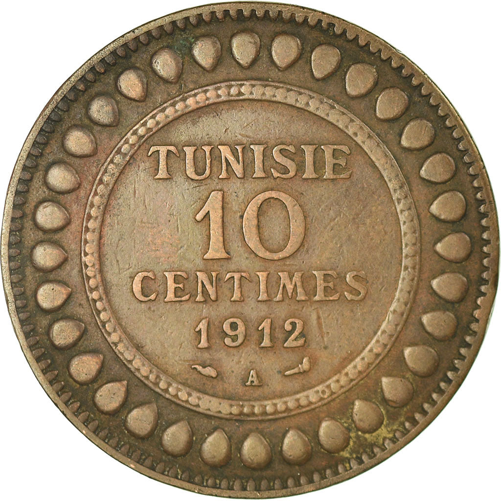 Coin, Tunisia, Muhammad al-Nasir Bey, 10 Centimes, 1912, Paris, VF(20-25)