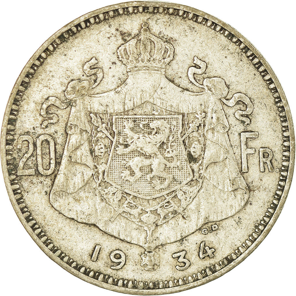 Moneda, Bélgica, 20 Francs, 20 Frank, 1934, BC+, Plata, KM:104.1