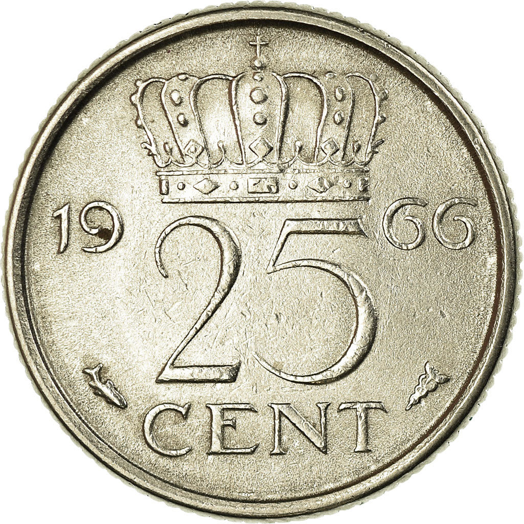 Coin, Netherlands, Juliana, 25 Cents, 1966, AU(50-53), Nickel, KM:183