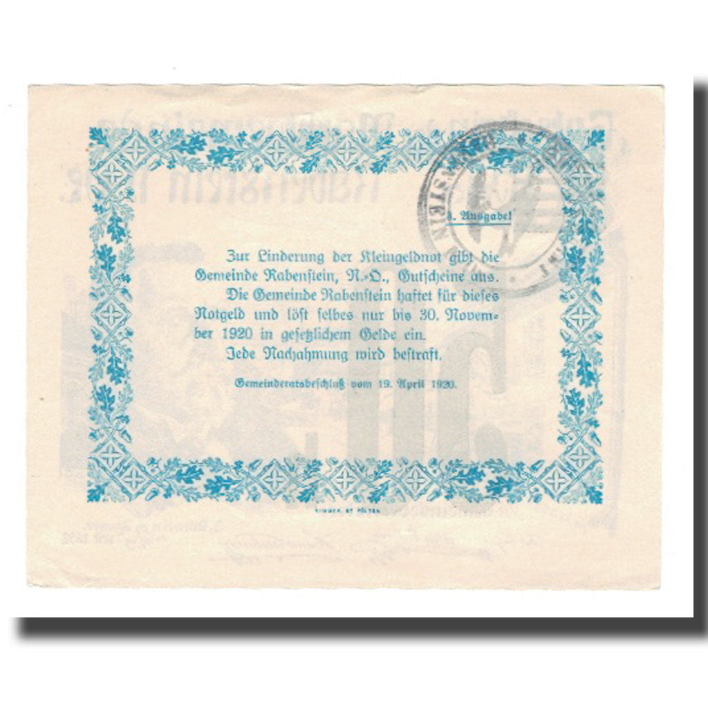 Billete, Austria, Rabenstein N.Ö. Gemeinde, 50 Heller, Texte 4, 1920