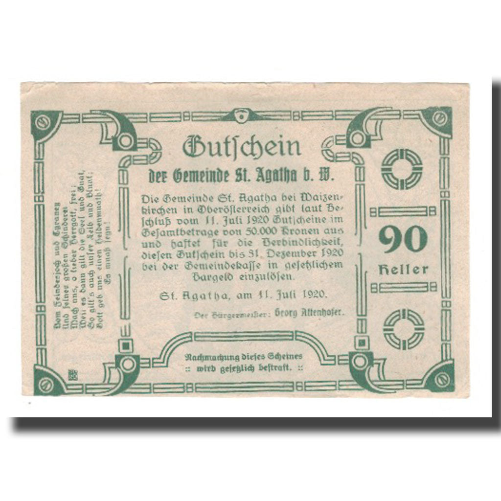 Banknote, Austria, St. Agatha Bei Weizenkirchen O.Ö. Gemeinde, 90 Heller, Texte