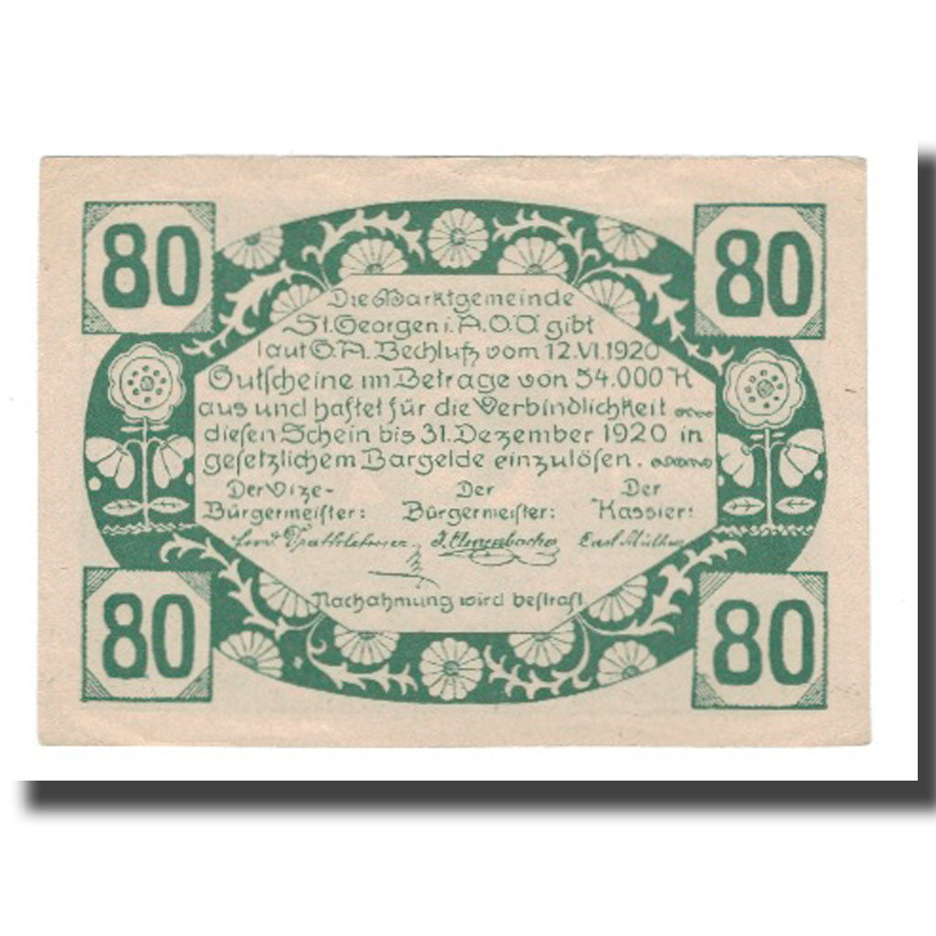Banknote, Austria, St. Georgen im Attergau O.Ö. Marktgemeinde, 80 Heller