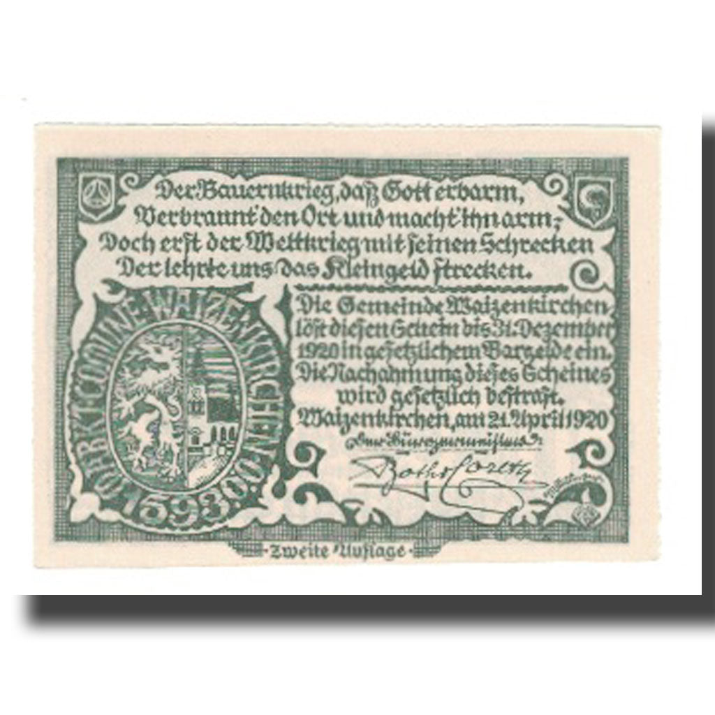 Banknote, Austria, Waizenkirchen O.Ö. Stadtgemeinde, 10 Heller, Texte, 1920