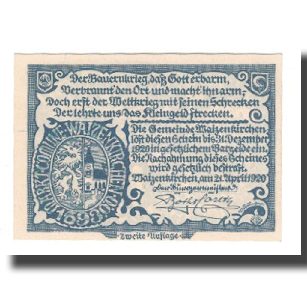 Banknote, Austria, Waizenkirchen O.Ö. Stadtgemeinde, 20 Heller, Texte, 1920