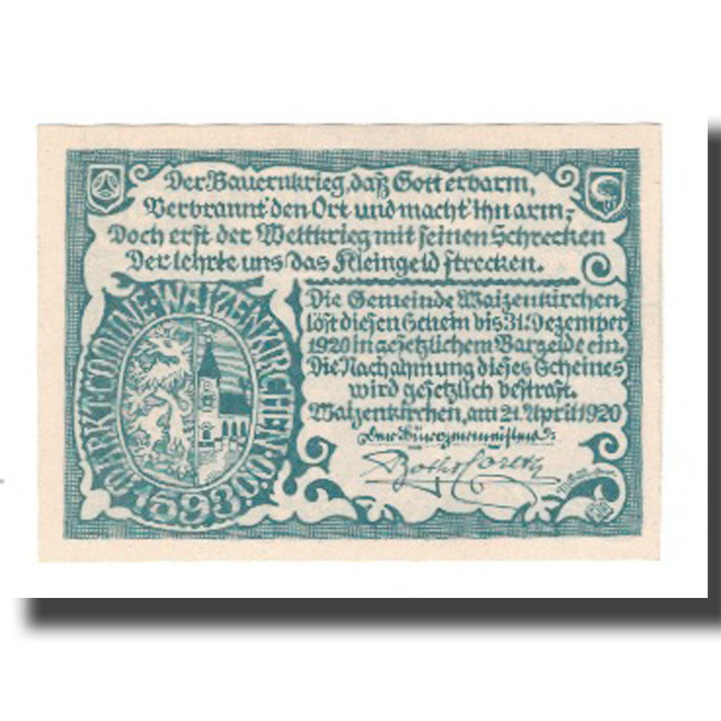 Banknote, Austria, Waizenkirchen O.Ö. Stadtgemeinde, 20 Heller, texte 1, 1920