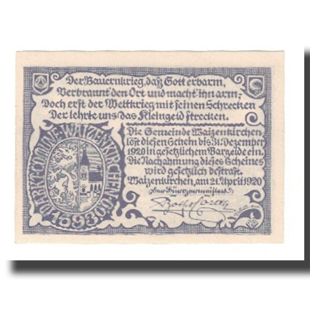 Banknote, Austria, Waizenkirchen O.Ö. Stadtgemeinde, 50 Heller, Texte, 1920