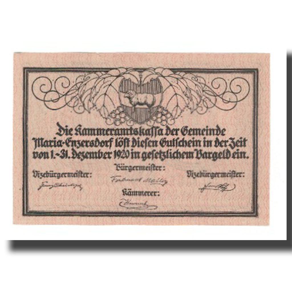 Banknote, Austria, Maria Enzersdorf N.Ö. Gemeinde, 10 Heller, Texte, 1920