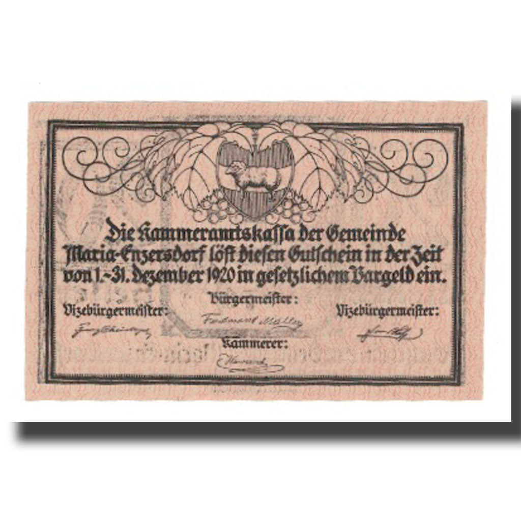 Banknote, Austria, Maria Enzersdorf N.Ö. Gemeinde, 20 Heller, Texte, 1920