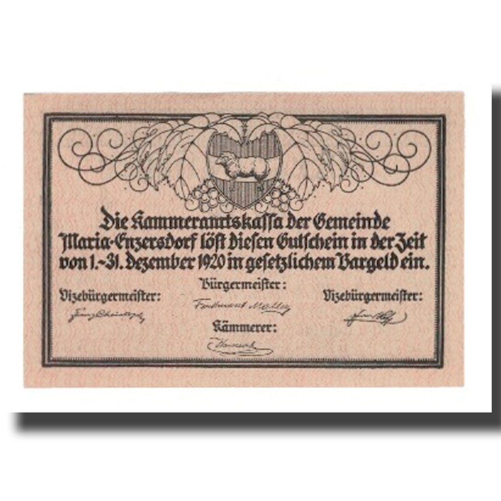 Banknote, Austria, Maria Enzersdorf N.Ö. Gemeinde, 50 Heller, Texte, 1920