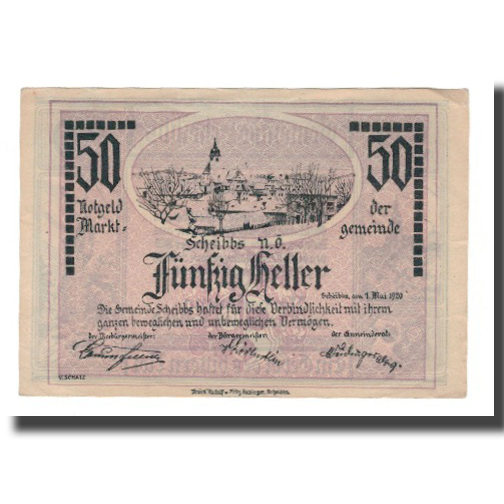 Banknote, Austria, Scheibbs N.Ö. Marktgemeinde, 50 Heller, Texte, 1920