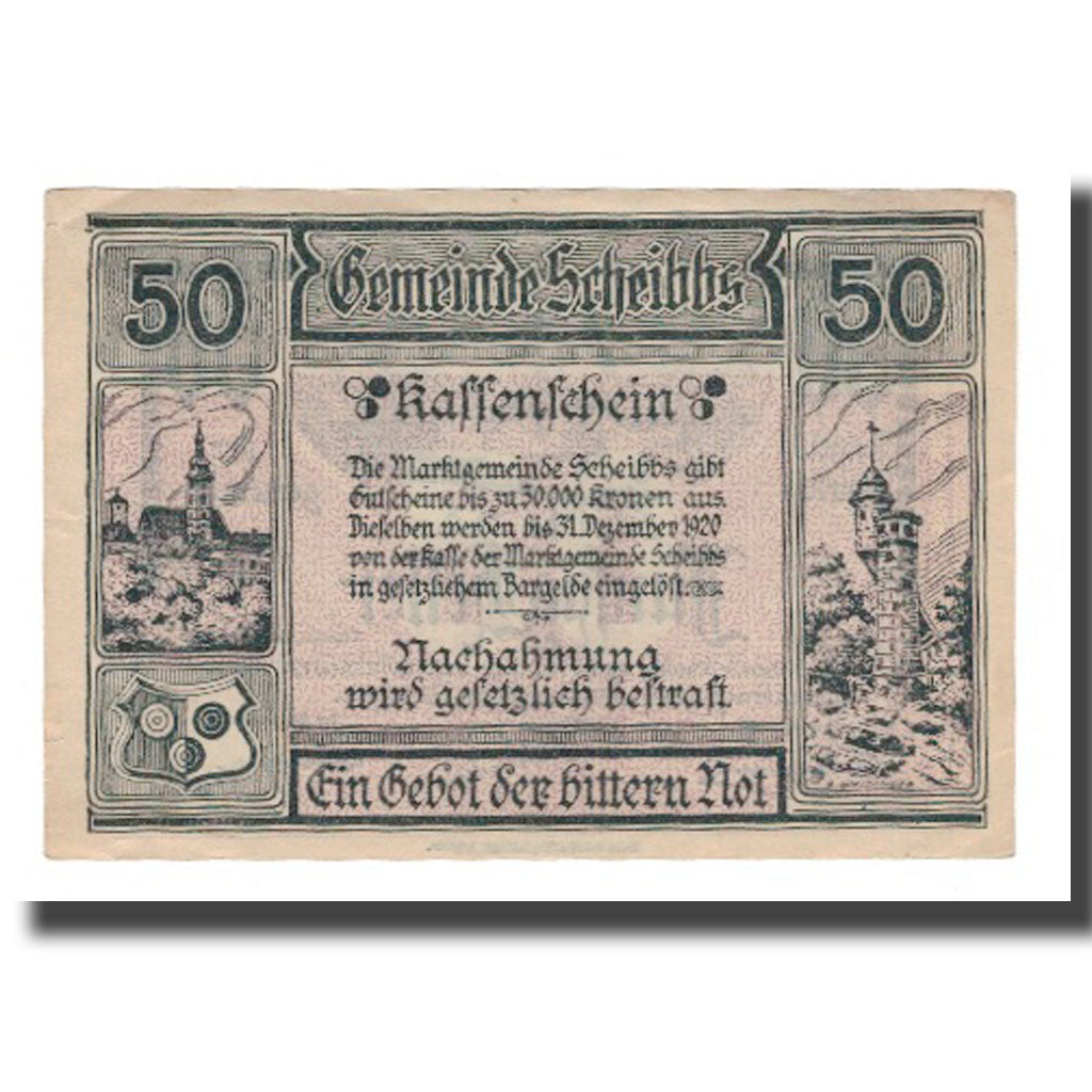 Banknote, Austria, Scheibbs N.Ö. Marktgemeinde, 50 Heller, Texte, 1920