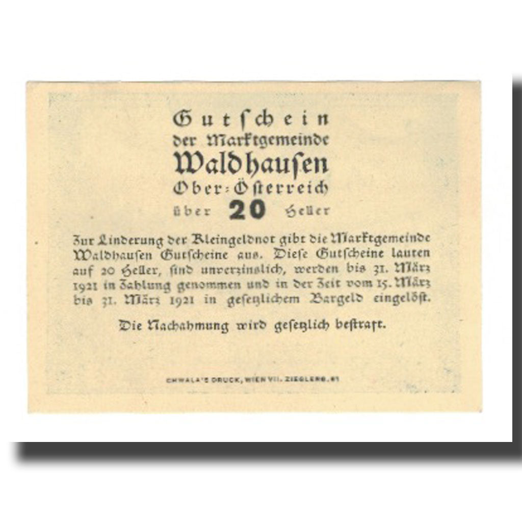 Banknote, Austria, Waldhausen O.Ö. Marktgemeinde, 20 Heller, Texte, 1921