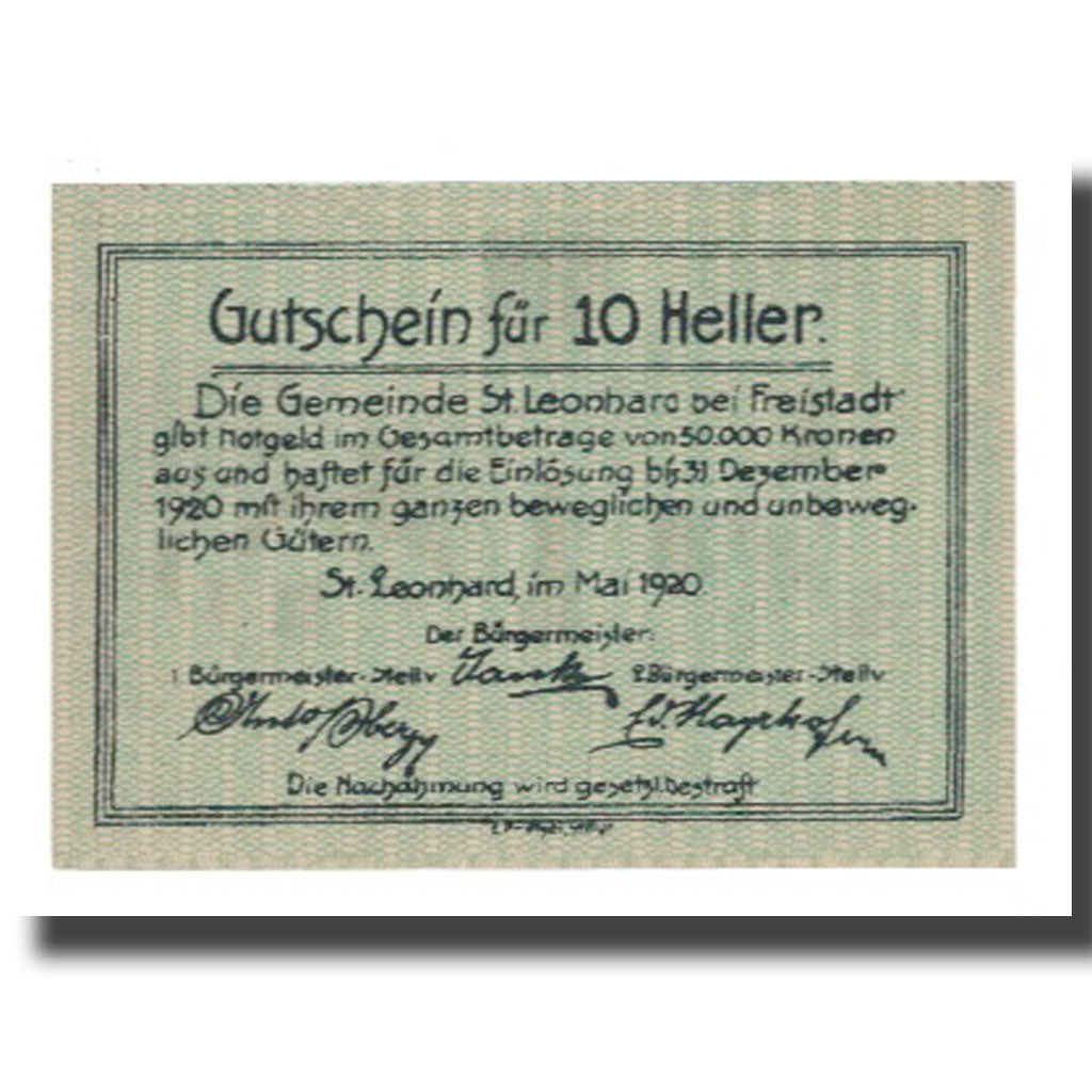 Banknote, Austria, St. Leonhard bei Freistadt O.Ö. Gemeinde, 10 Heller