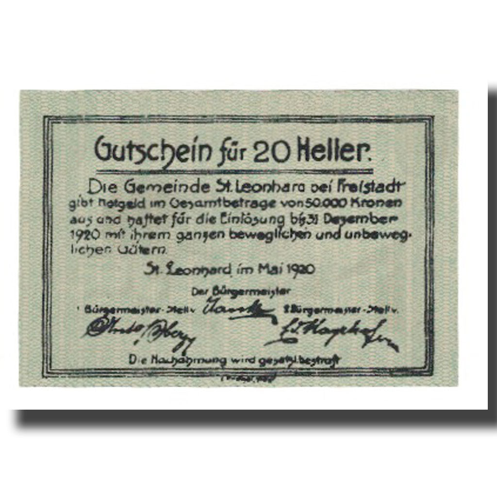 Banknote, Austria, St. Leonhard bei Freistadt O.Ö. Gemeinde, 20 Heller
