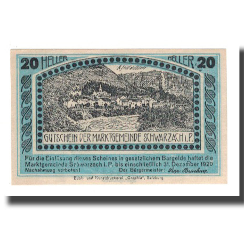 Banknote, Austria, Schwarzach im Pongau Sbg. Marktgemeinde, 20 Heller, paysage