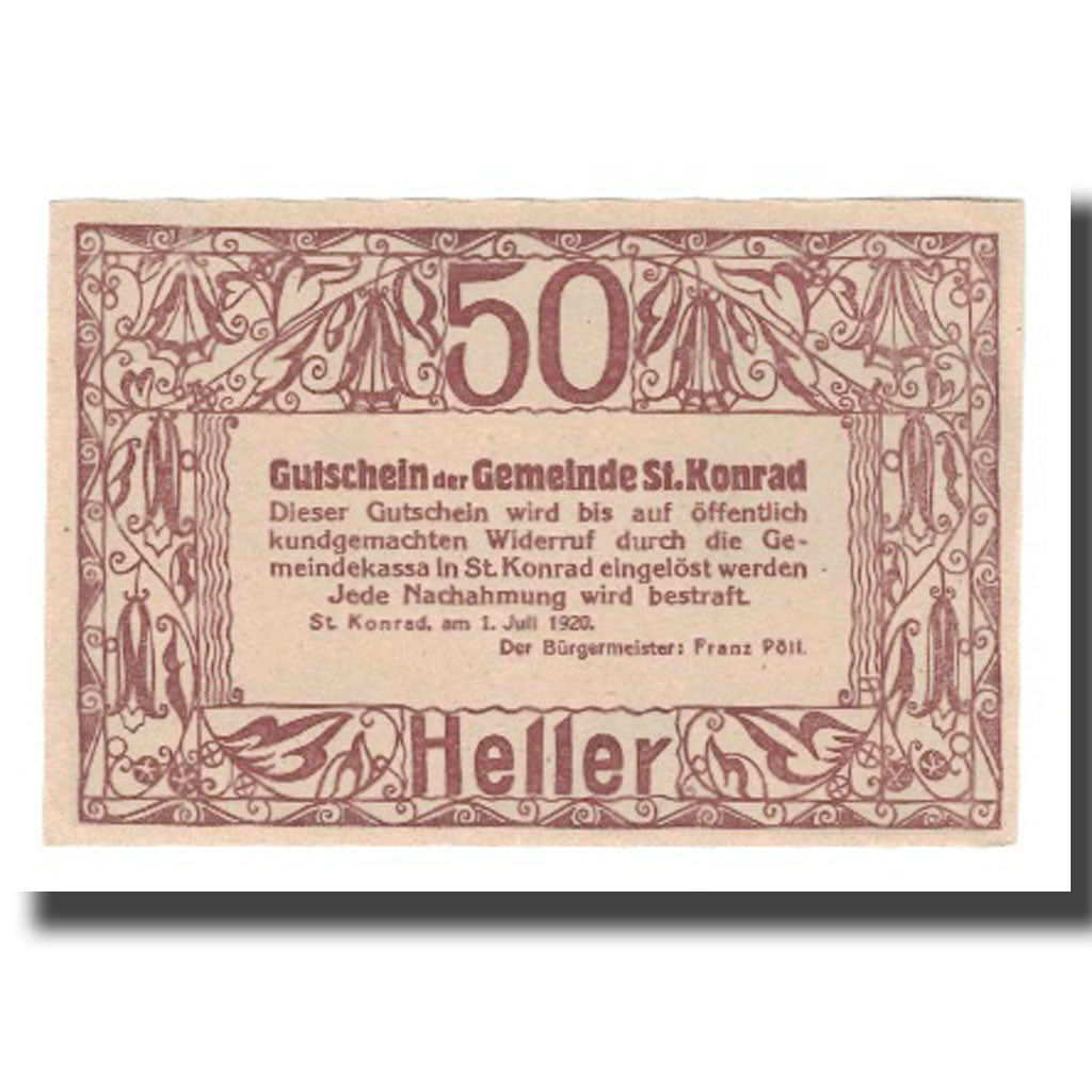 Banknote, Austria, St. Konrad O.Ö. Gemeinde, 50 Heller, Texte, 1920
