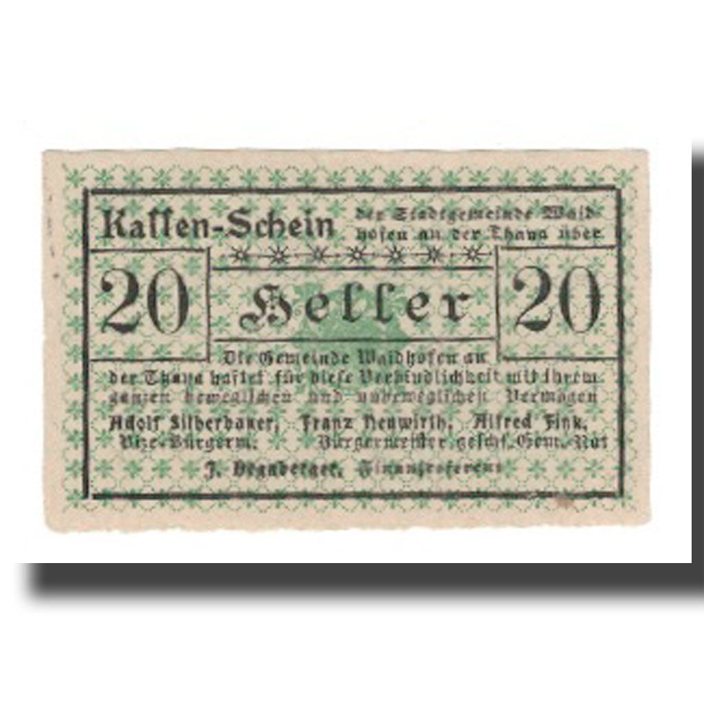 Banknote, Austria, Waidhofen An Der Thaya N.Ö. Stadtgemeinde, 20 Heller, Texte