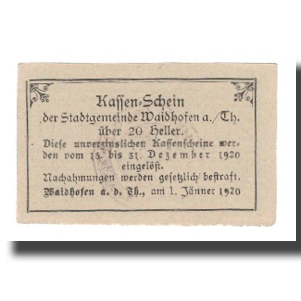 Banknote, Austria, Waidhofen An Der Thaya N.Ö. Stadtgemeinde, 20 Heller, Texte