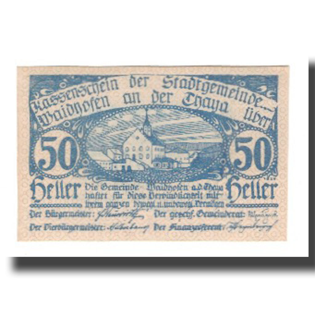 Banknote, Austria, Waidhofen An Der Thaya N.Ö. Stadtgemeinde, 50 Heller, Texte