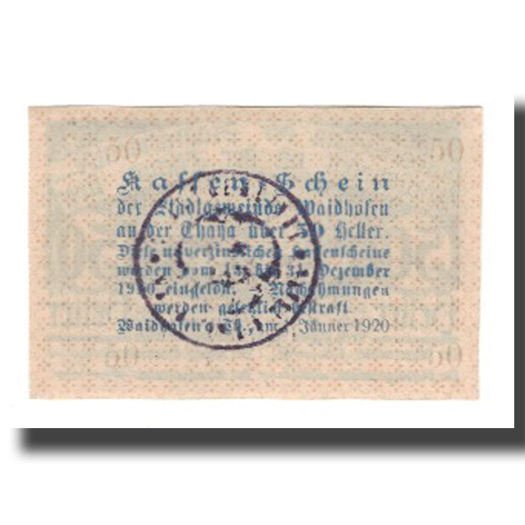 Banknote, Austria, Waidhofen An Der Thaya N.Ö. Stadtgemeinde, 50 Heller, Texte