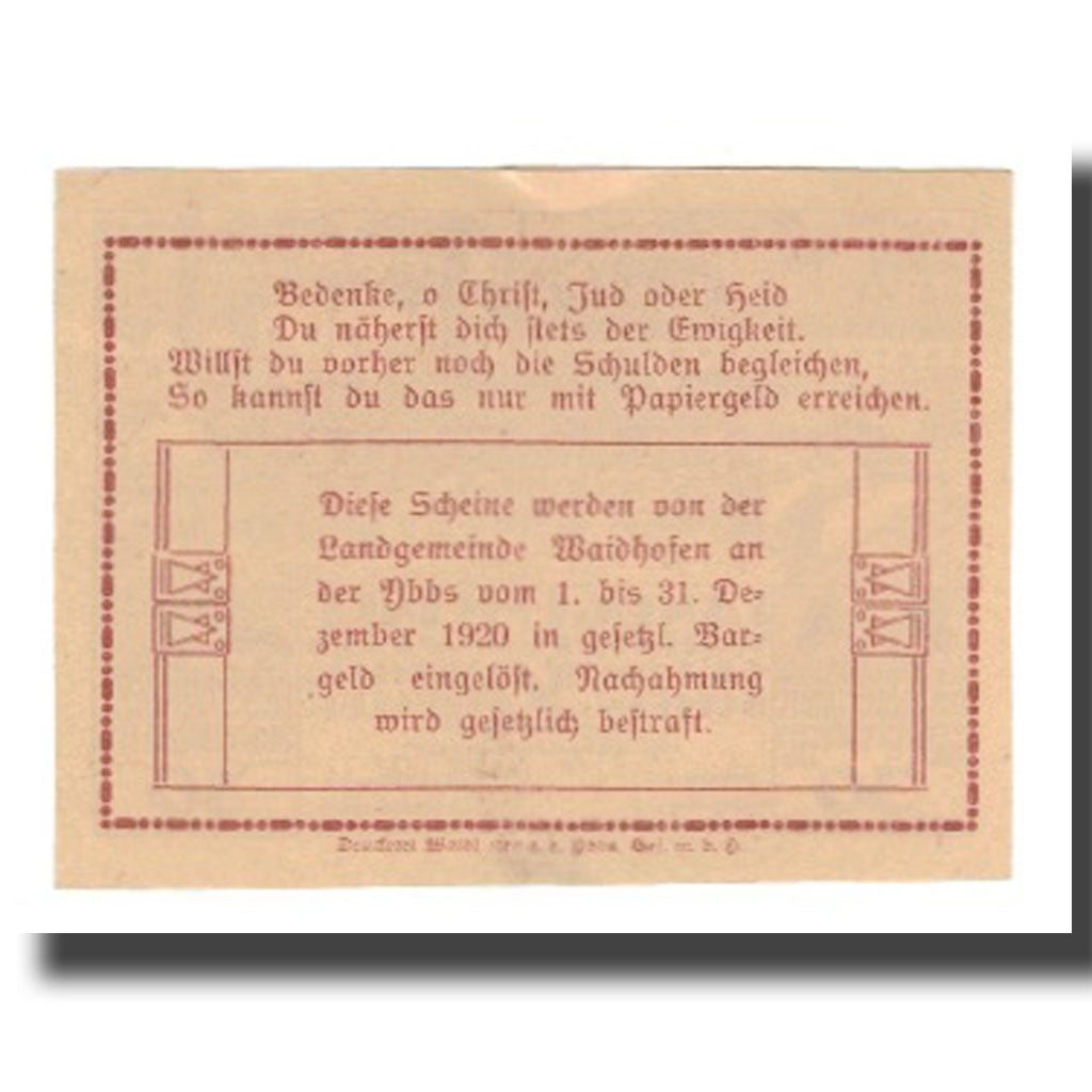 Banknote, Austria, Waidhofen An Der Ybbs N.Ö. Landgemeinde, 30 Heller, Texte