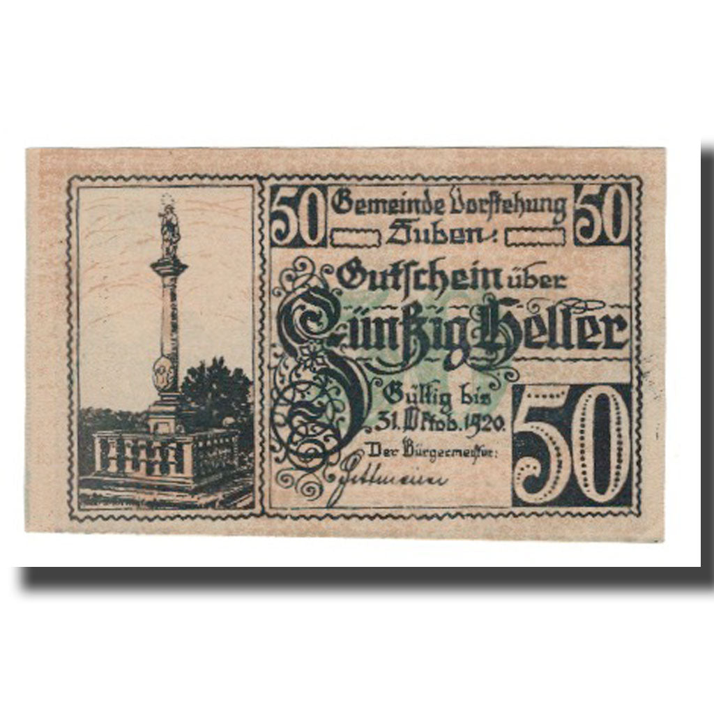 Banknote, Austria, Suben O.Ö. Gemeinde Vorstehung, 50 Heller, paysage, 1920