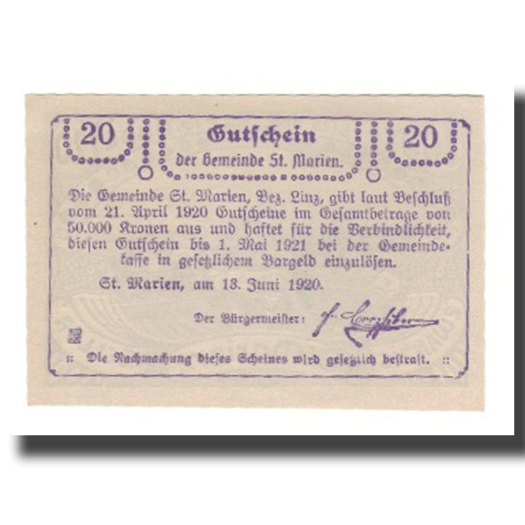 Banknote, Austria, St. Marien O.Ö. Gemeinde, 20 Heller, Texte, 1921
