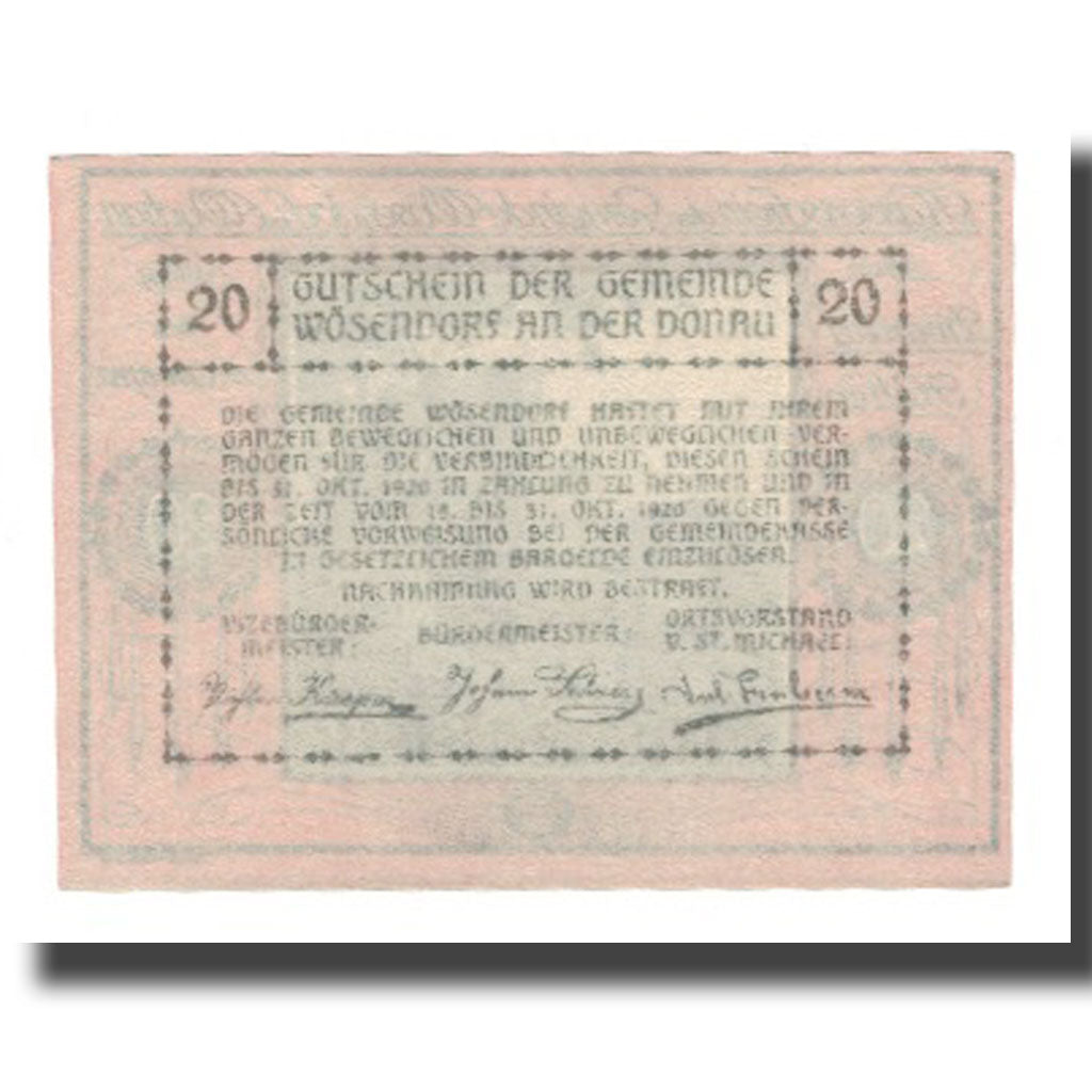 Banknote, Austria, Wösendorf N.Ö. Gemeinde, 20 Heller, Texte, 1920